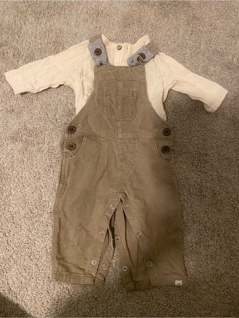 Neutral Tan Corduroy Kids Overalls Set with Cream Top